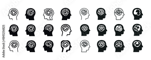 Silhouette profile icons with abstract brain patterns representi