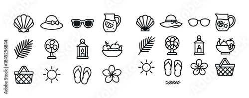 Summer icons collection: hats, sunglasses, lemonade, fans, sun,