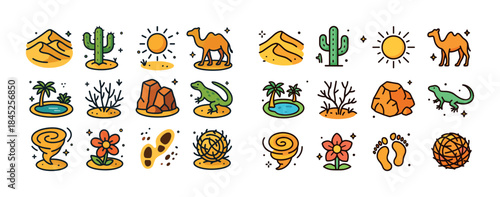 Desert elements collection with cacti, camels, and sun in artist