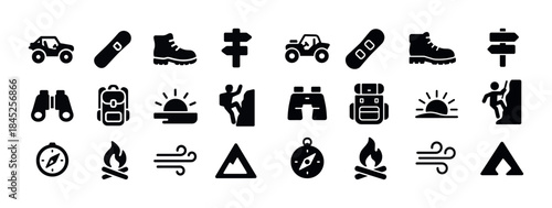 Adventure icons: hiking, camping, climbing, and outdoor symbols