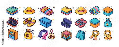 Colorful summer beach essentials: clothing, accessories, and sto