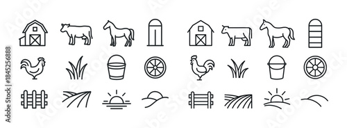 Farm icon set: barn, cow, horse, rooster, fence, sunrise, bucket