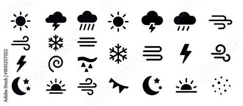Weather icons set: sun, cloud, rain, snow, wind symbols for fore