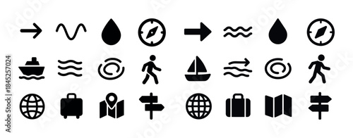 Collection of travel icons including compass, boat, and map symb
