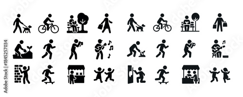 Stick figures engaged in various outdoor and recreational activi
