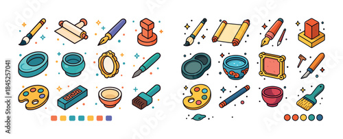 Colorful art tools collection with sketching and painting suppli