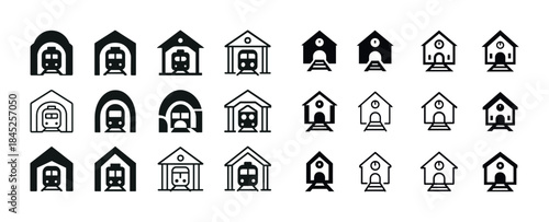Train station icons collection: various styles and designs in bl