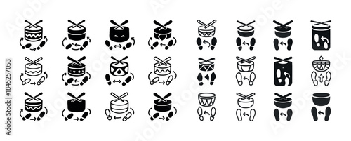 Set of black and white drum icon variations with musical notes