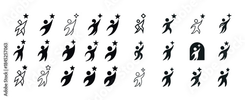 Collection of dynamic minimalist human figures reaching for star