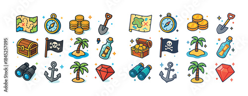 Colorful pirate treasure icons: maps, coins, shovels, and island