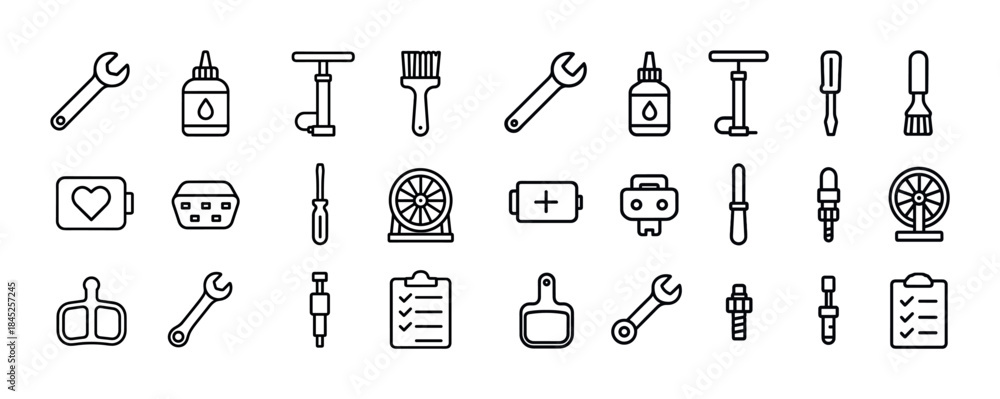Fototapeta premium Set of hand tools and equipment icons in line art style for diy