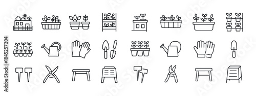 Minimalist gardening icons: tools, plants, and pots for urban ga