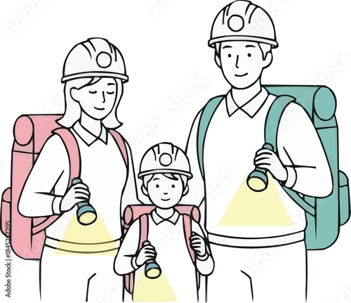 緊急事態や災害に備える家族、親子で安全ヘルメットを着用し、懐中電灯や緊急キットを持っている