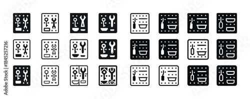 Icons of kitchen utensils and recipe cards in rows