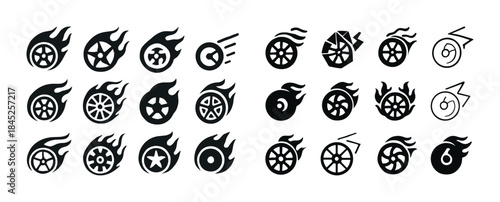 Set of 25 minimalist black wheel and fire icons for logos and de