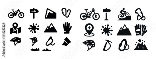 Outdoor adventure icons: bike mountain map helmet climbing
