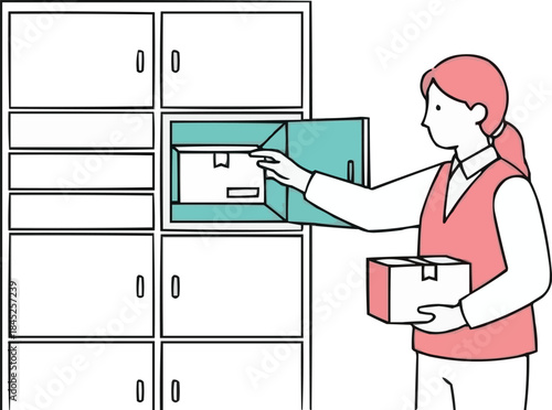 ビジネスオフィスの従業員が小包を保管ロッカーまたは職場のメールボックスに挿入する、物流ベクター