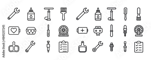 Set of hand tools and equipment icons in line art style for diy