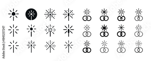Assorted sparkler icons in black and white design arrangements