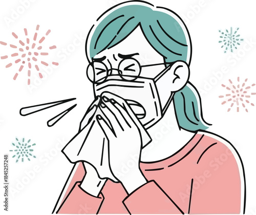 防護マスクを着用した女性がティッシュにくしゃみをする、風邪または花粉症の症状、季節性アレルギーのイラスト