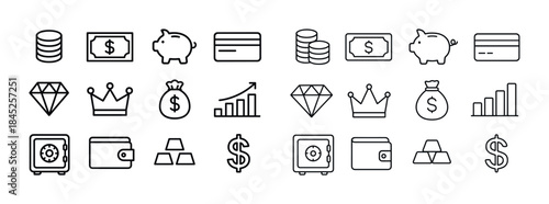 Financial icons: currency, savings, investments, and security sy