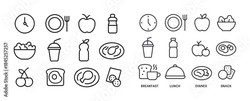 Minimalist food and drink icons: breakfast, lunch, dinner, snack