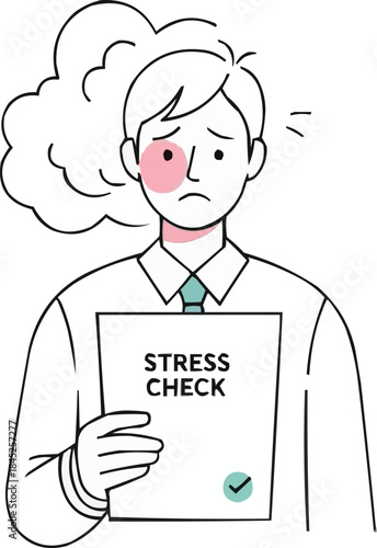 ストレステストの結果用紙を持つストレスを抱えた男性社員、不安を露わにするオフィスワーカー
