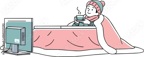 こたつに座り、ティーカップを片手にテレビを見ている人