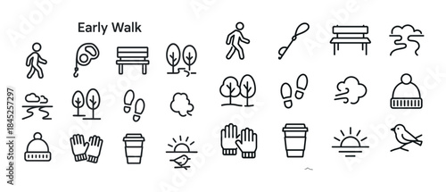 Minimalist icons of daily walks: pedometer, coffee, nature, bird