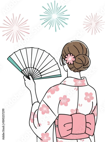 日本の夏祭りの夜景、扇子を持った花柄の浴衣を着た女性、花火大会を見る、伝統的な祭りの衣装、屋外でのお祝い