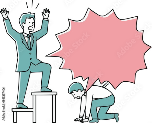 従業員に怒鳴る上司、大きな吹き出し、オフィスでの口論、指を指す男性マネージャー、企業の職場での対立