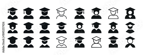 Diverse graduation icons set with caps and gowns in black and wh