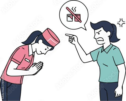 謝罪するサービス担当者に怒って苦情を言う顧客、小売店でのやり取り、紛争解決の場面、スタッフと対立する不満を持った顧客