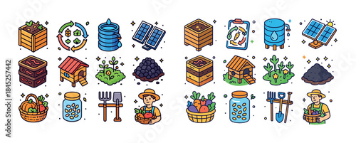 Colorful eco-friendly farming icons: composting, solar panels, h