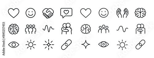 Minimalist icon set representing emotions, connections, and brai