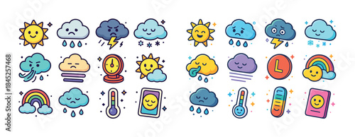 Colorful weather icons: sun, clouds, rain, thermometer, rainbow,