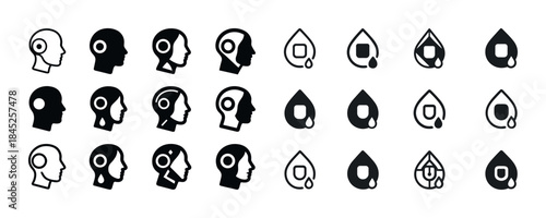 Black and white icon set: human heads and blood drops