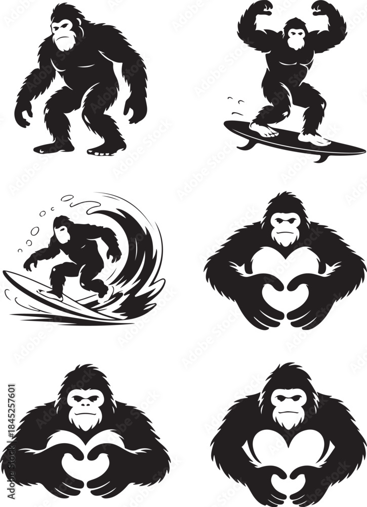 Fototapeta premium Six black and white gorilla icon designs