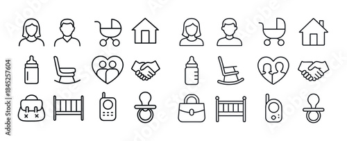 Family and baby icon set: parents, strollers, houses, bottles, c