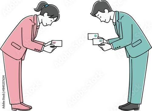 日本のビジネスマンが名刺を交換し、お辞儀をする様子、企業ネットワーク、オフィスでの交流