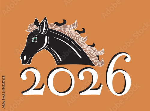 Happy Chinese New Year 2026 Horse Zodiac Sign on brown Background. Ornamental linear horse. White lines.