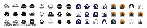 Geometric urban sun icons in various styles and colors