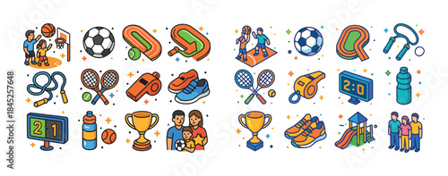 Colorful sports icons featuring families, equipment, and activit