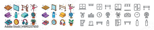Colorful and outline gym equipment icons with plant and clock il