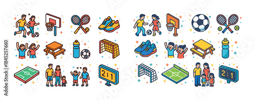 Colorful sports icons featuring soccer basketball tennis and ath