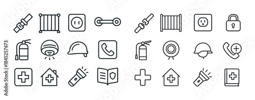 Safety and security icons set including fire extinguisher, helme