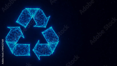 A vibrant, glowing blue recycle symbol rendered in a futuristic wireframe style with interconnected dots and lines, set against a dark, particlefilled background. This digital representation