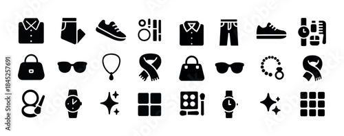 Fashion icon set: apparel, accessories, jewelry, cosmetics