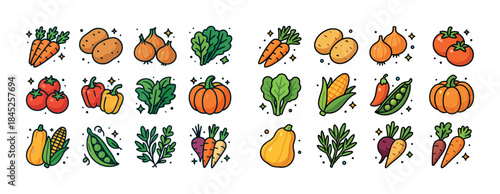 Colorful cartoon vegetables collection with various fresh produc