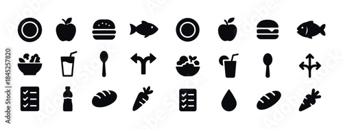 Food and drink icon set: burger, fish, salad, beverage, utensils